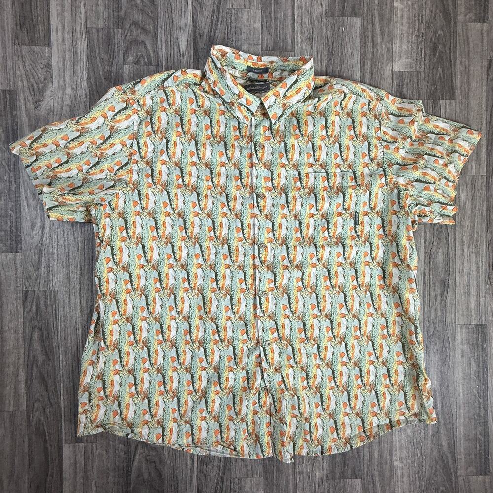 Eddie Bauer Classic Fit Short Sleeve Shirt Trout Fish Print Button Front